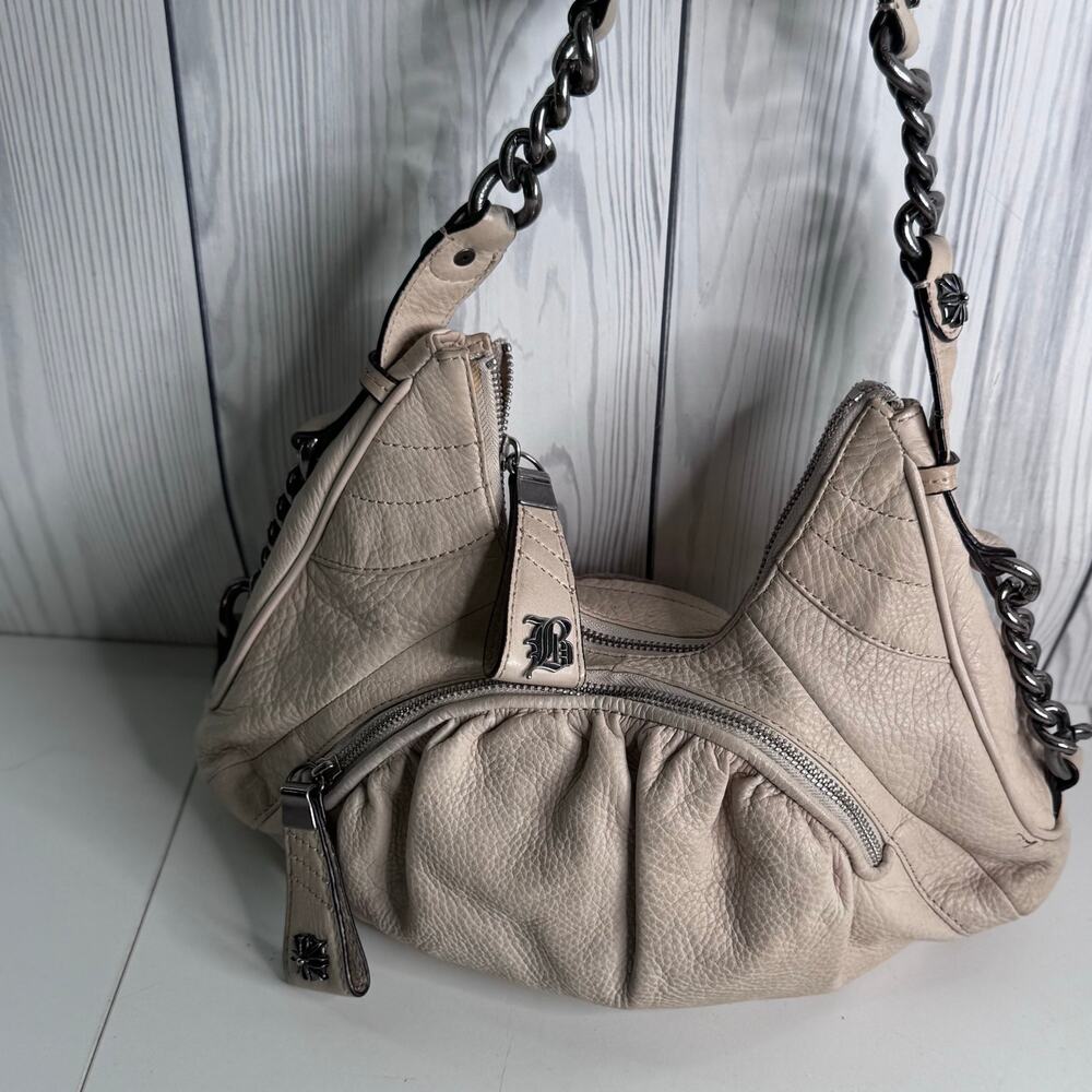 Vintage Y2K Shoulder Bag Cream B. Makowsky Pebble Leather Satchel Retro Chains